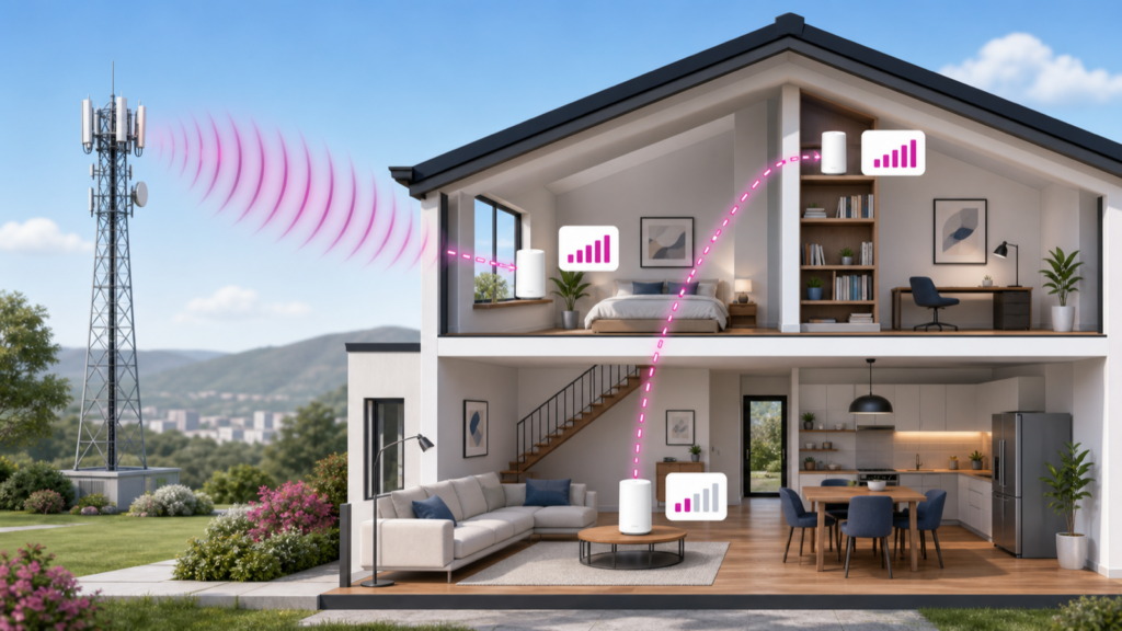 T-Mobile Home Internet gateway placement options near a window, on a high shelf, and in a central room