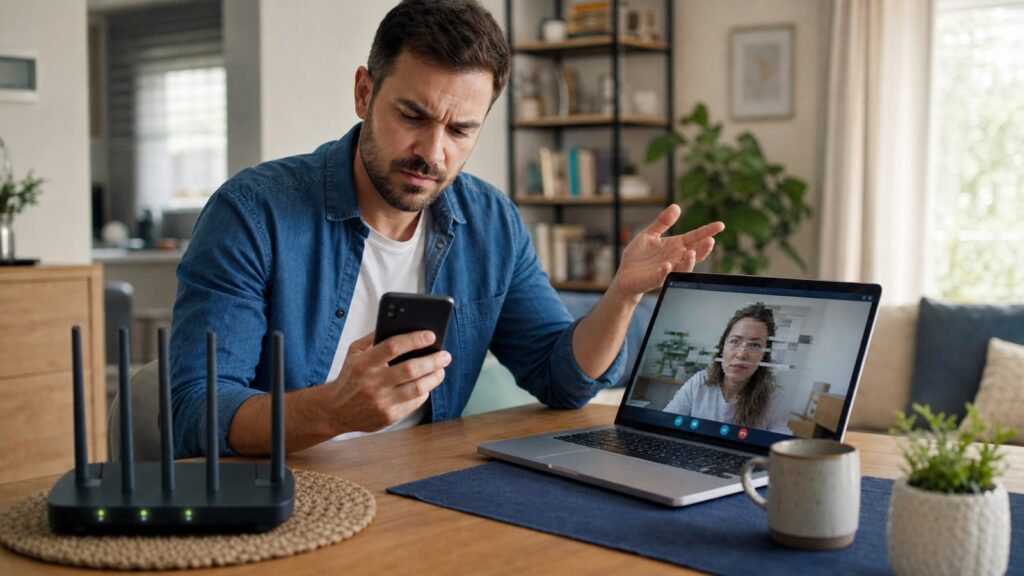 Home user checks a phone after a WiFi video call disconnects near the router