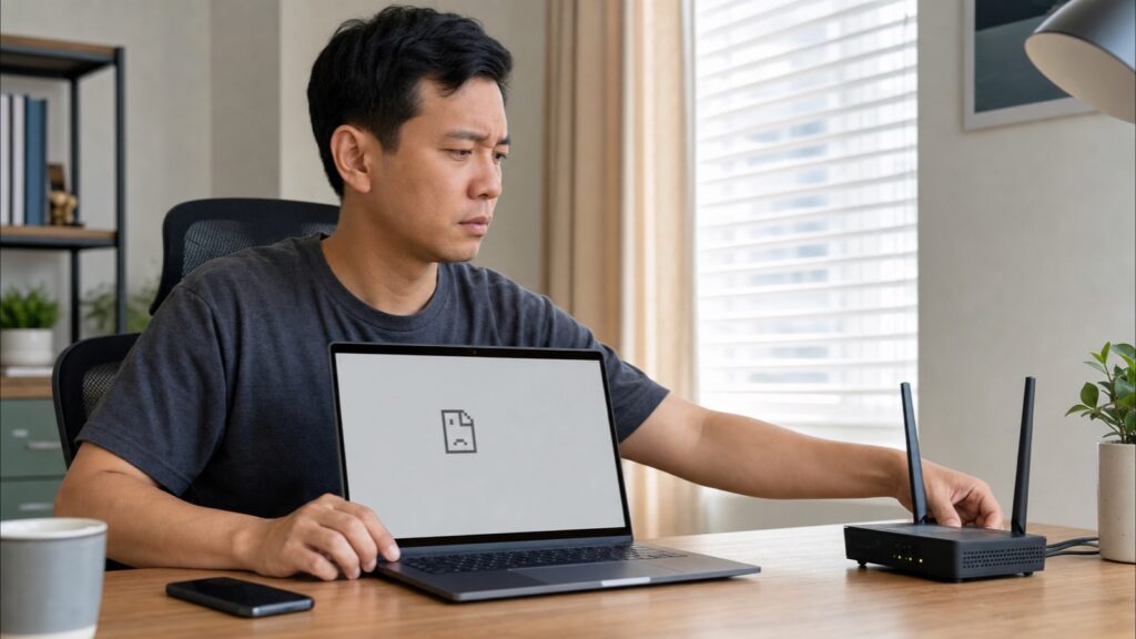 Home user checks a WiFi router while a laptop shows a connection error