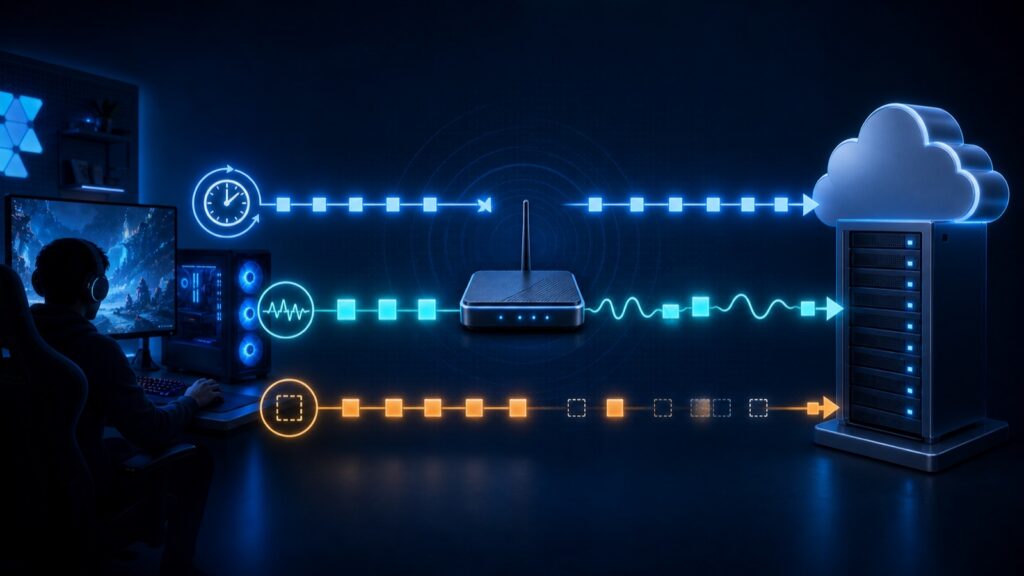 Schéma comparant la perte de paquets, le ping et la gigue dans une connexion de jeu