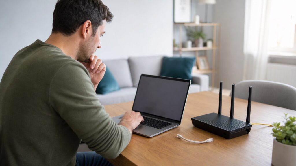 PS5 console beside a WiFi router and controller while a TV shows a network connection screen