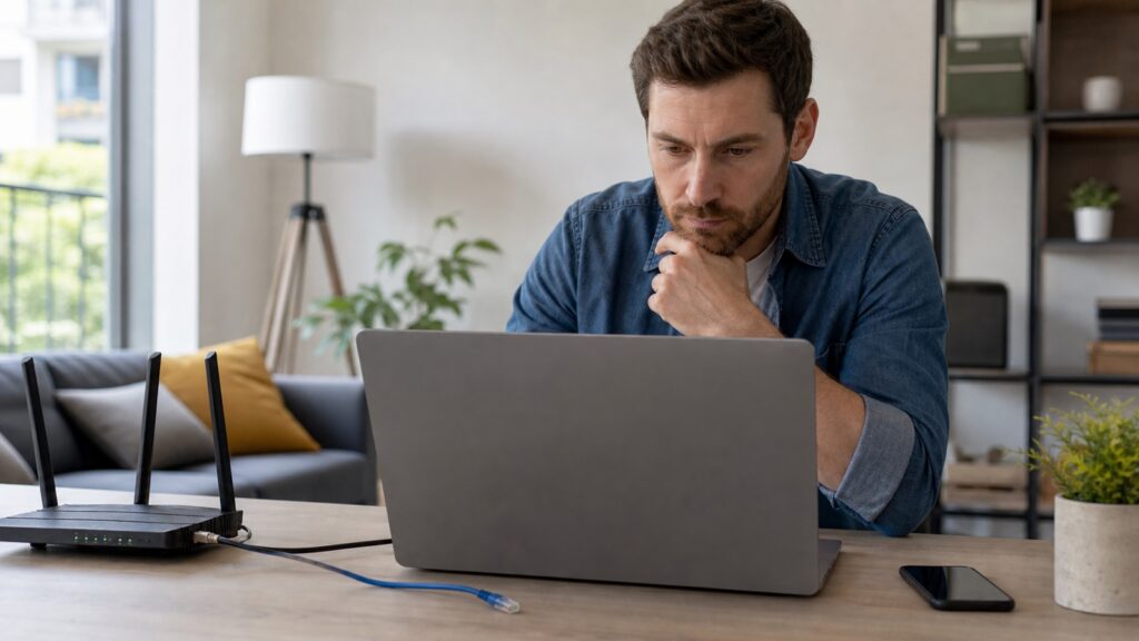 مستخدم يفحص اتصال الإنترنت على حاسوب محمول بجوار موجه WiFi وكابل Ethernet