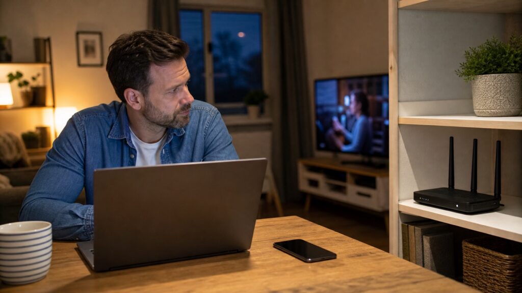 Home user checks a slow internet connection on a laptop near a WiFi router at night