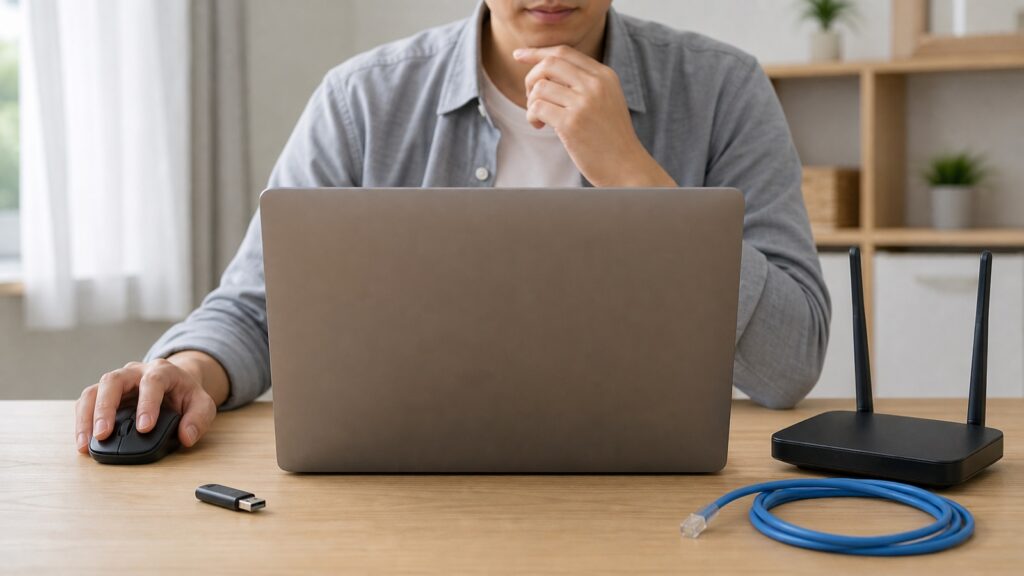 Windows 11を設定するユーザーの前にUSBメモリとWiFiルーターとEthernetケーブルが置かれている