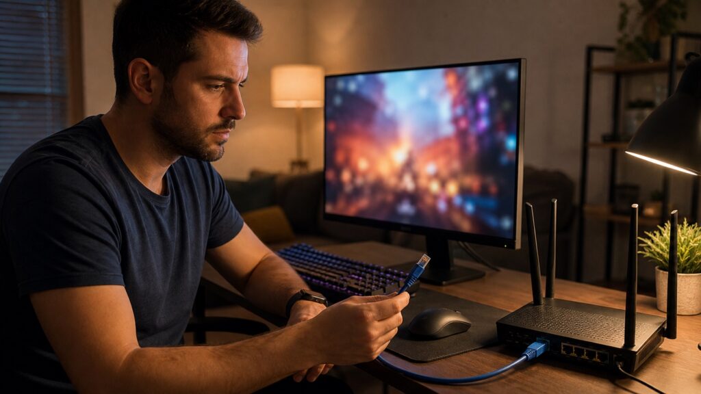 Jugador de PC revisa un problema de red junto a un router y un cable Ethernet