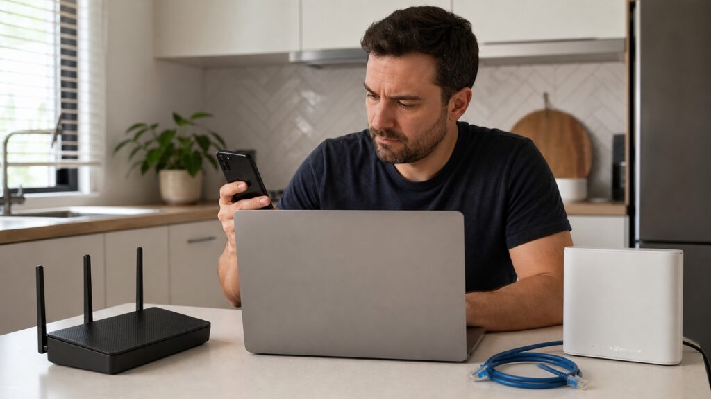 Home user checks a router and modem while WiFi remains available