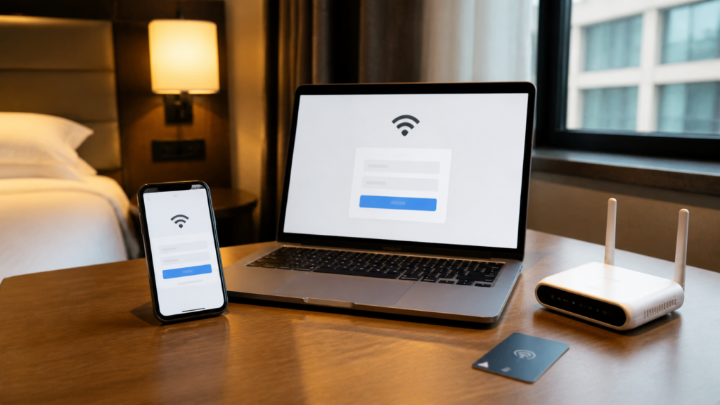 Hotel desk with a phone and laptop showing a generic WiFi sign-in page beside a small router