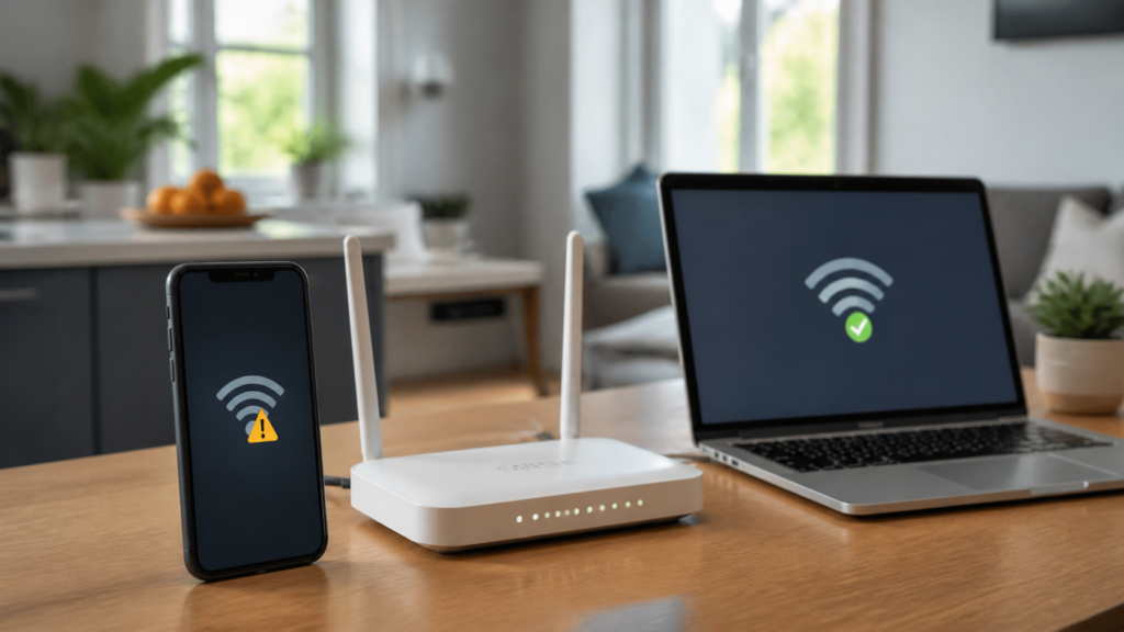 iPhone showing a WiFi warning beside a home router and laptop