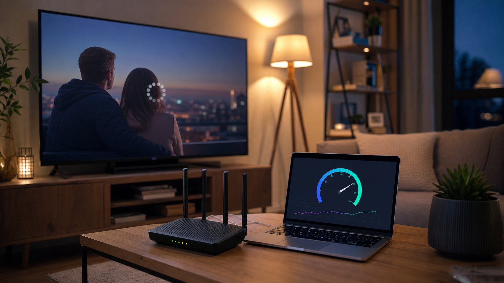 Smart TV beside a WiFi router while checking an internet connection