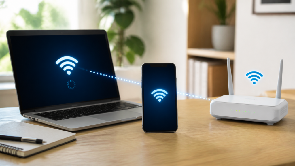 Smartphone sharing a hotspot beside a laptop and home WiFi router on a desk