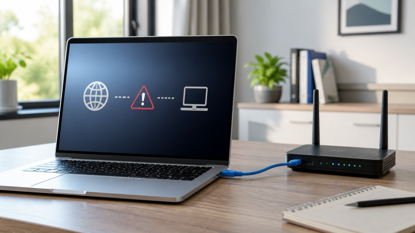 Laptop on a video call beside a WiFi router with a frozen video warning