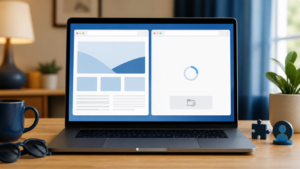 Same laptop opens a website in one browser while another browser follows a blocked local path