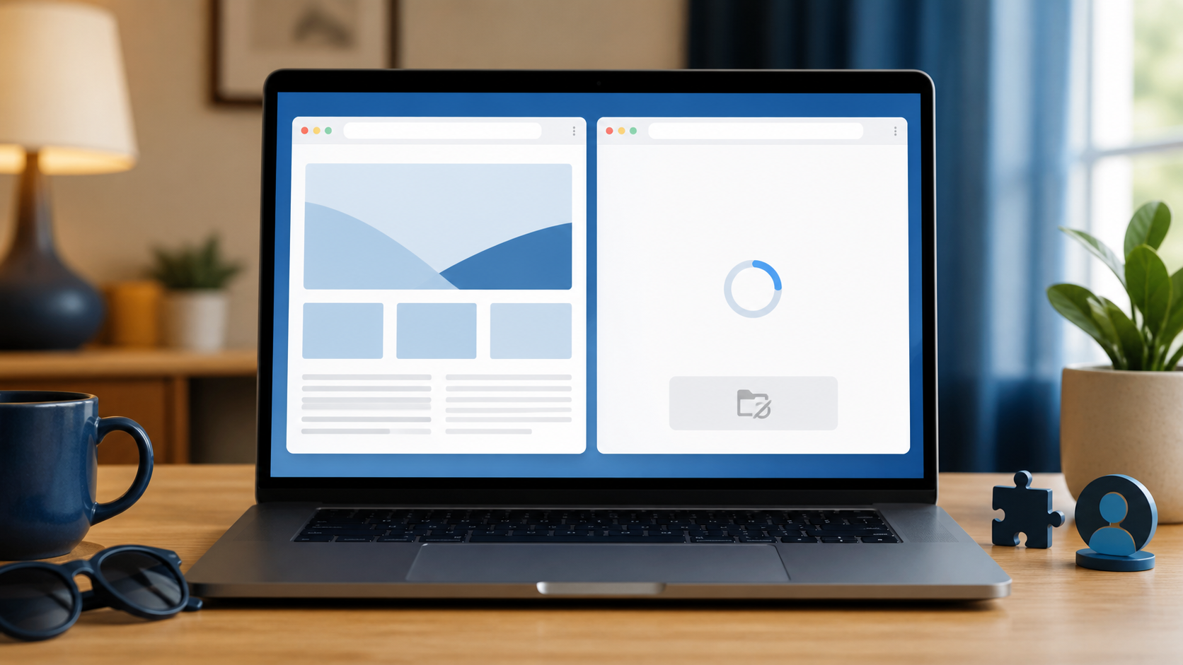 Same laptop opens a website in one browser while another browser follows a blocked local path