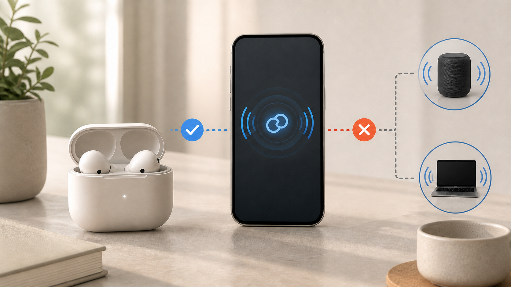 Illustration of earbuds in an open charging case beside a phone, with a checkmark, a crossed path and speaker and laptop icons.