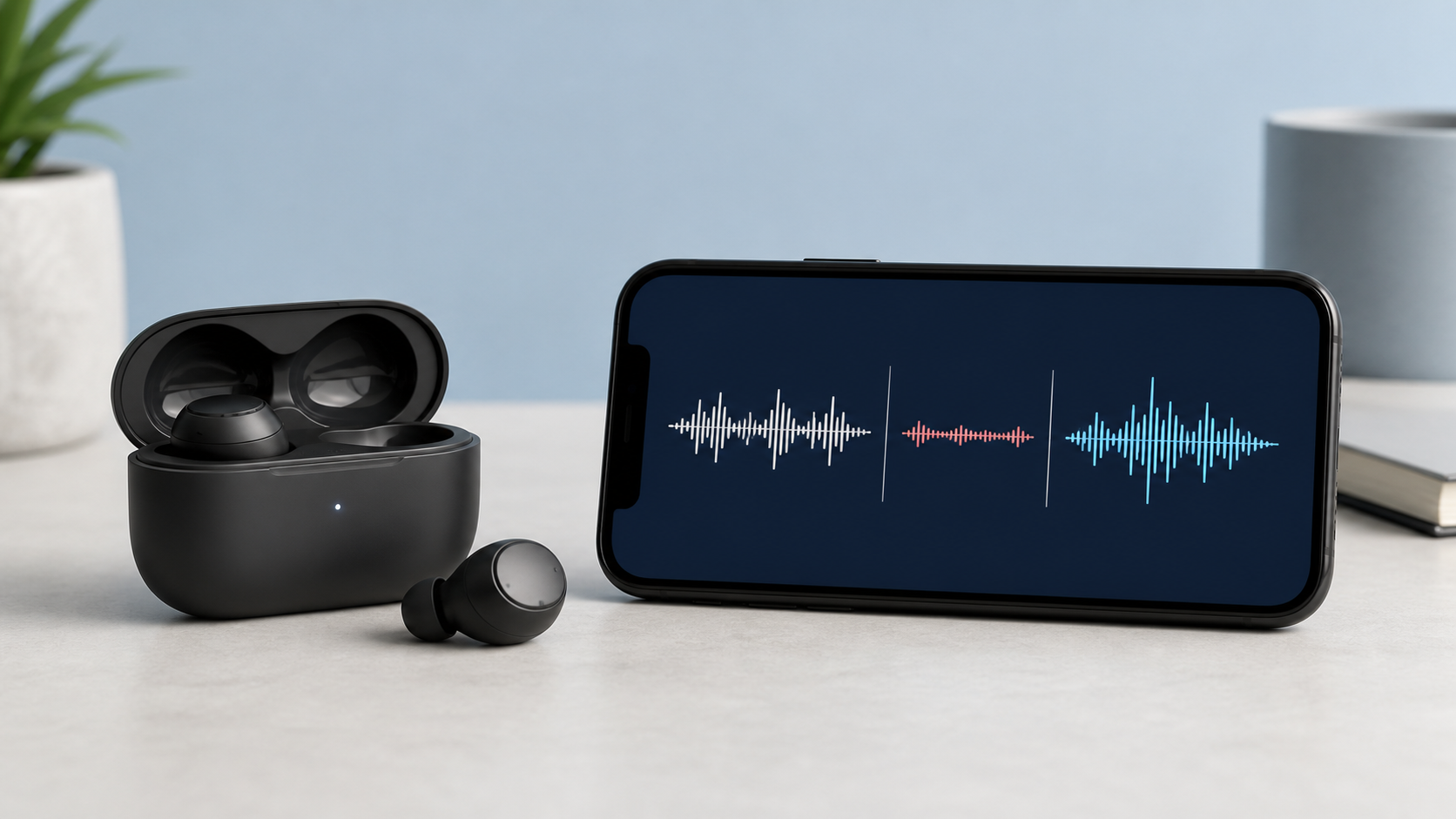 Illustration of black earbuds and an open charging case beside a phone displaying three stylized waveforms.