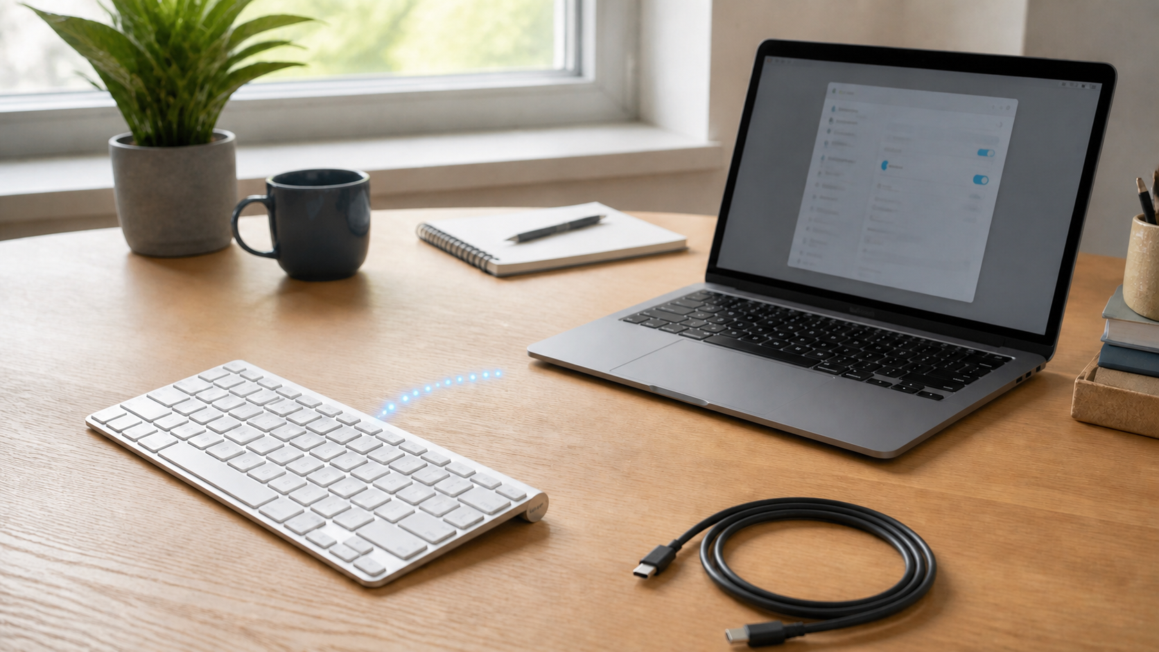 Illustration of a wireless keyboard beside a laptop with a settings window and an unplugged USB cable.