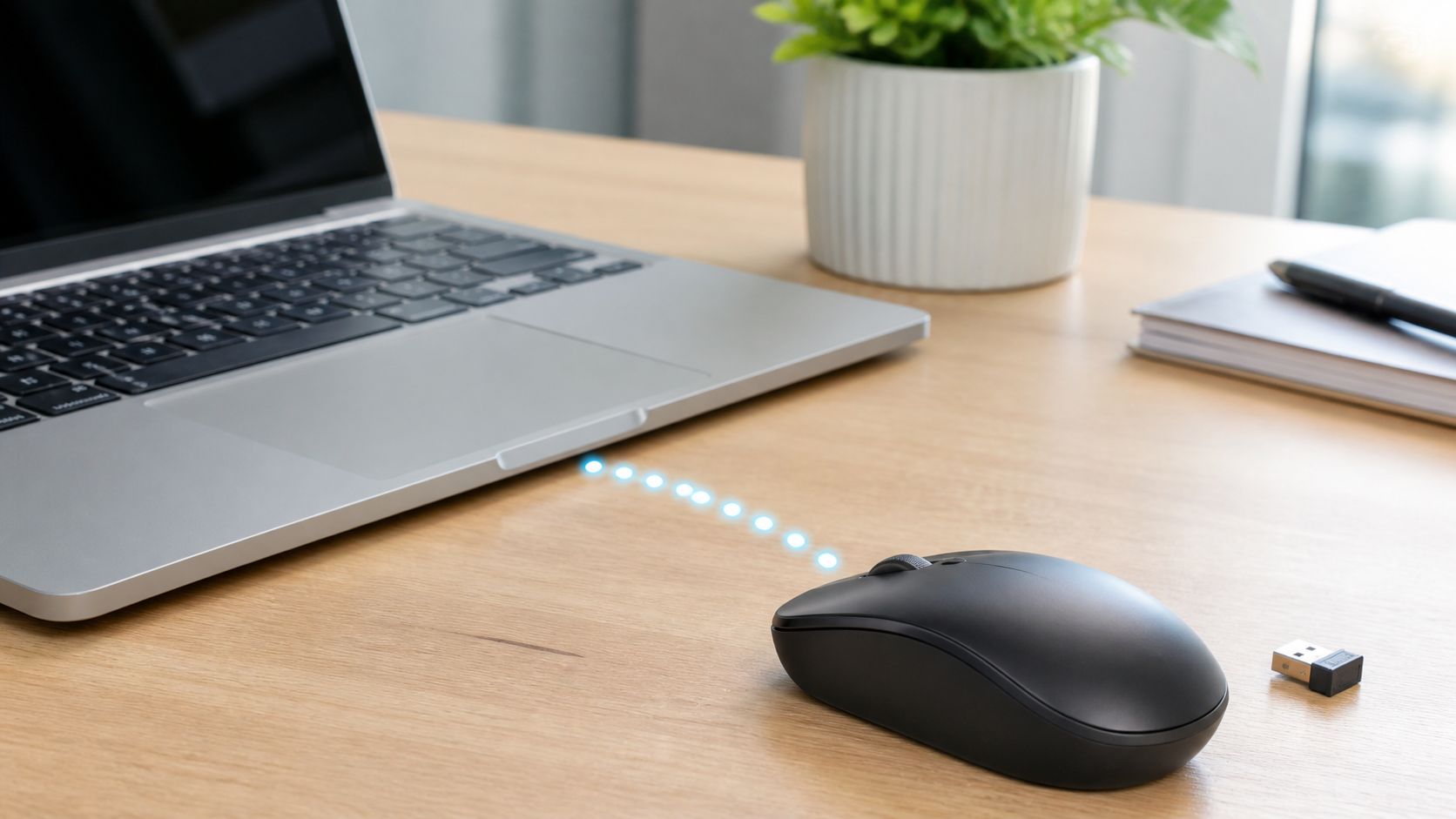 Illustration of a wireless mouse beside a laptop, a dotted connection path and an unplugged USB receiver on the desk.