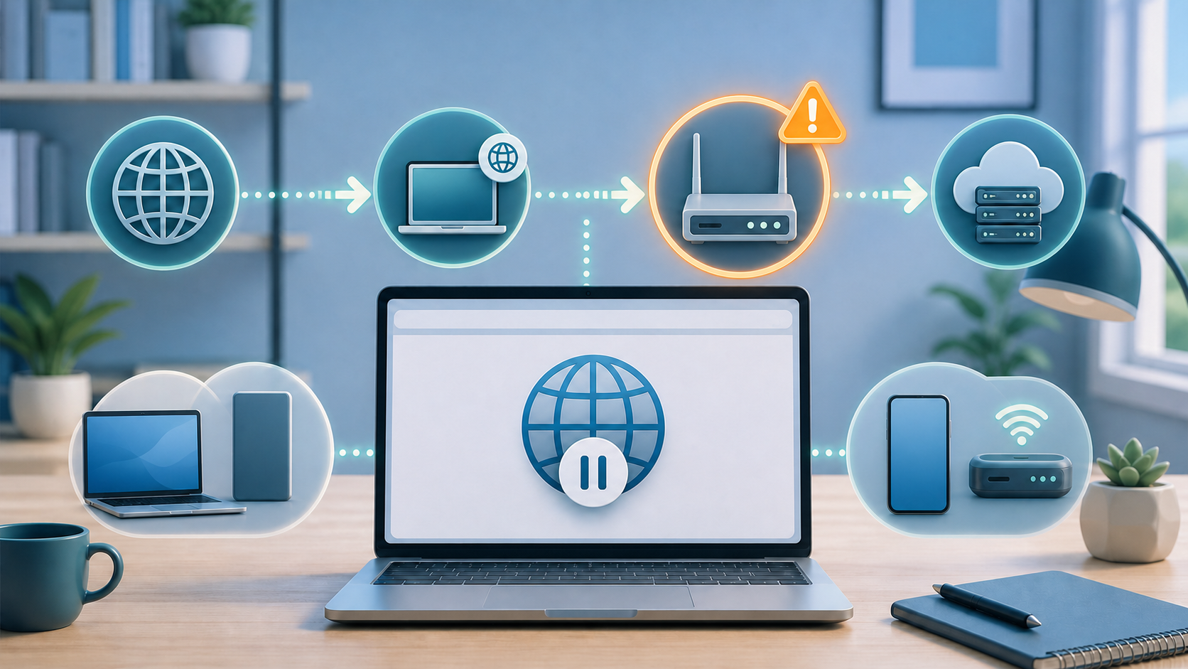 Illustration of a laptop with a paused website symbol, connected to device, router and cloud icons for DNS troubleshooting.