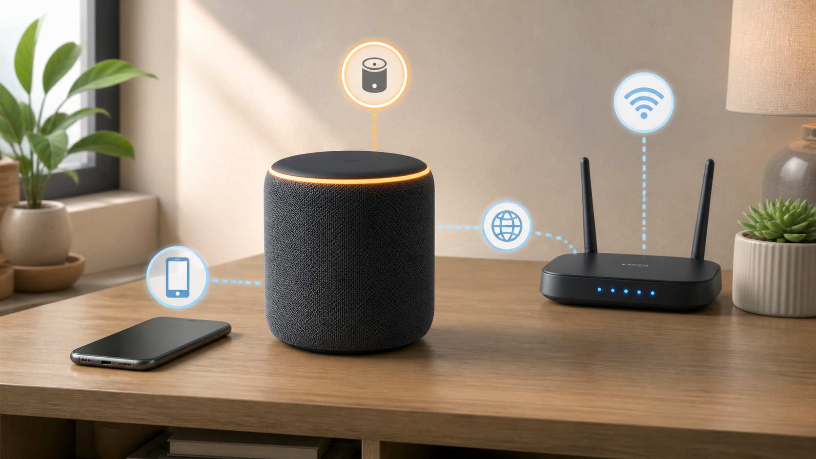 Concept illustration of a smart speaker with an orange light beside a phone and WiFi router