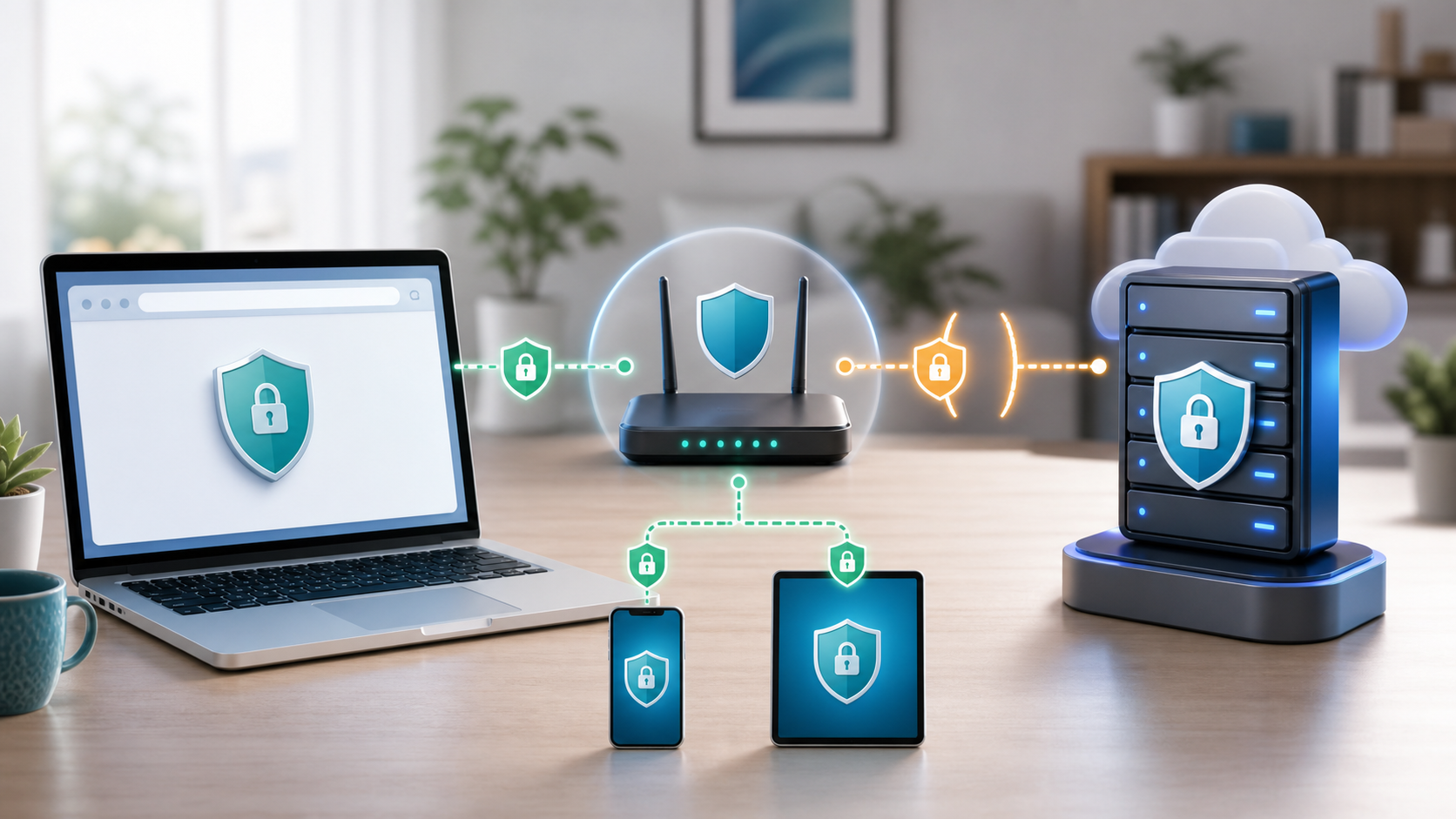 Illustration of a laptop, phone and tablet connected through a router to a server, with a broken secure connection highlighted.