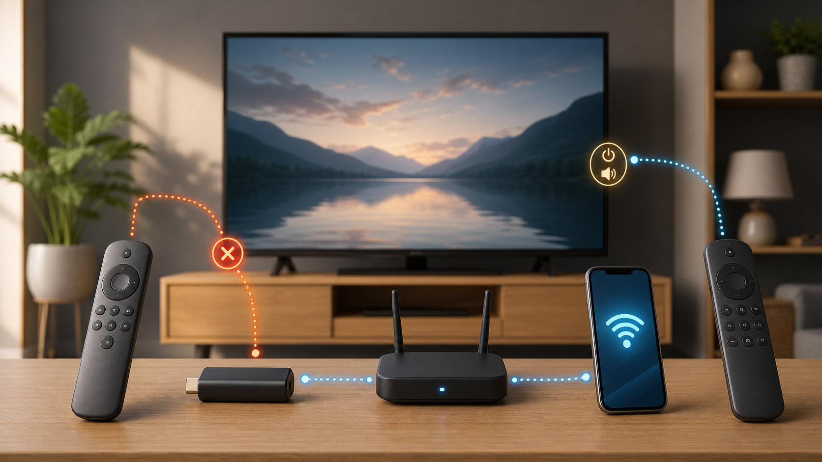 Illustration of two generic remotes, a streaming stick, router and phone in front of a television.