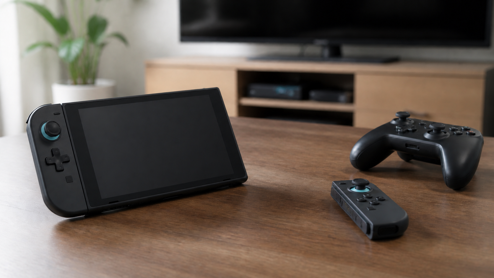 Illustration of a generic handheld console with a left-side control, a detached small controller and a separate gamepad on a table.