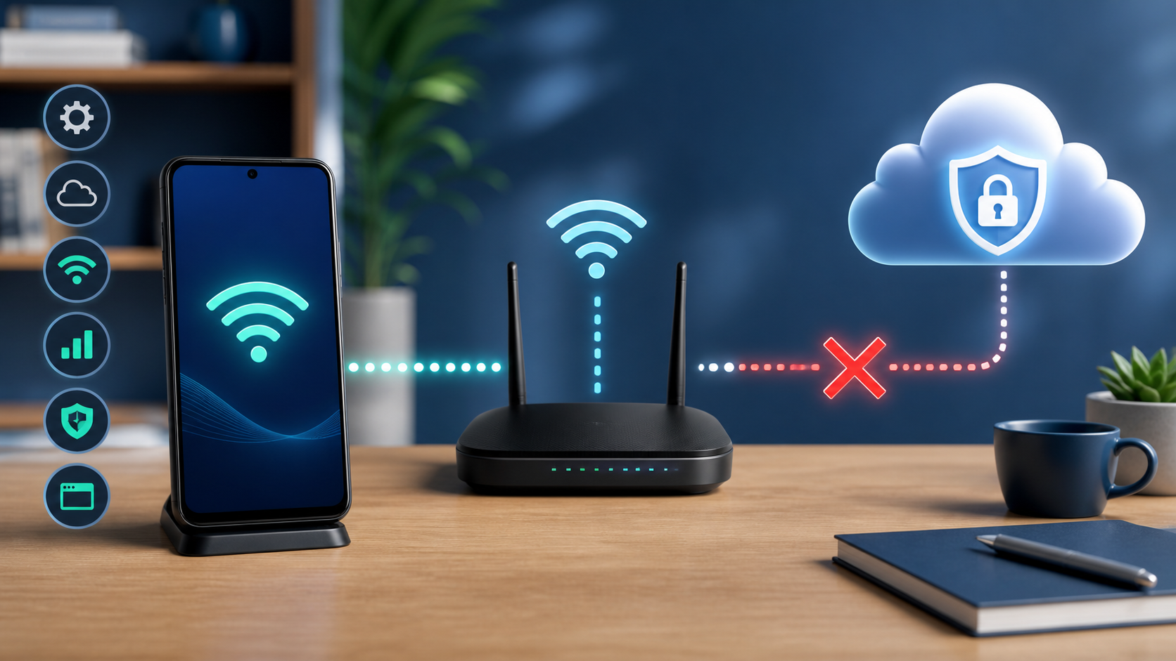 Illustration of a phone connected to a router, with a broken path to a shielded cloud representing an unreachable Private DNS service.
