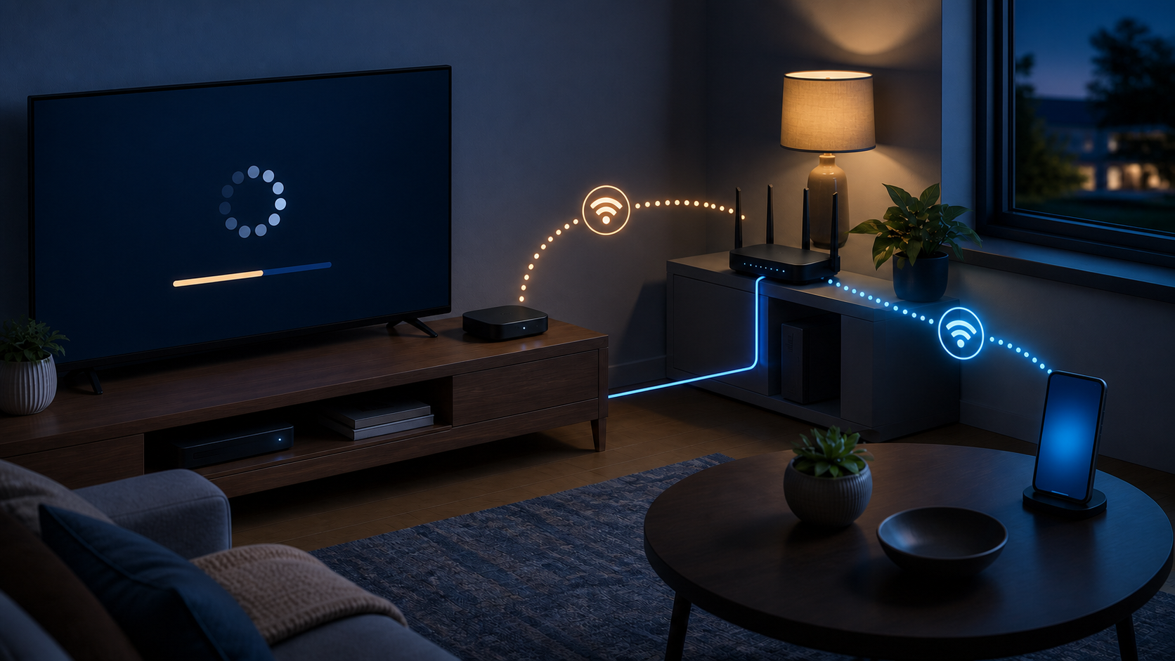 Illustration of a buffering TV and streaming player beside a router and connected phone