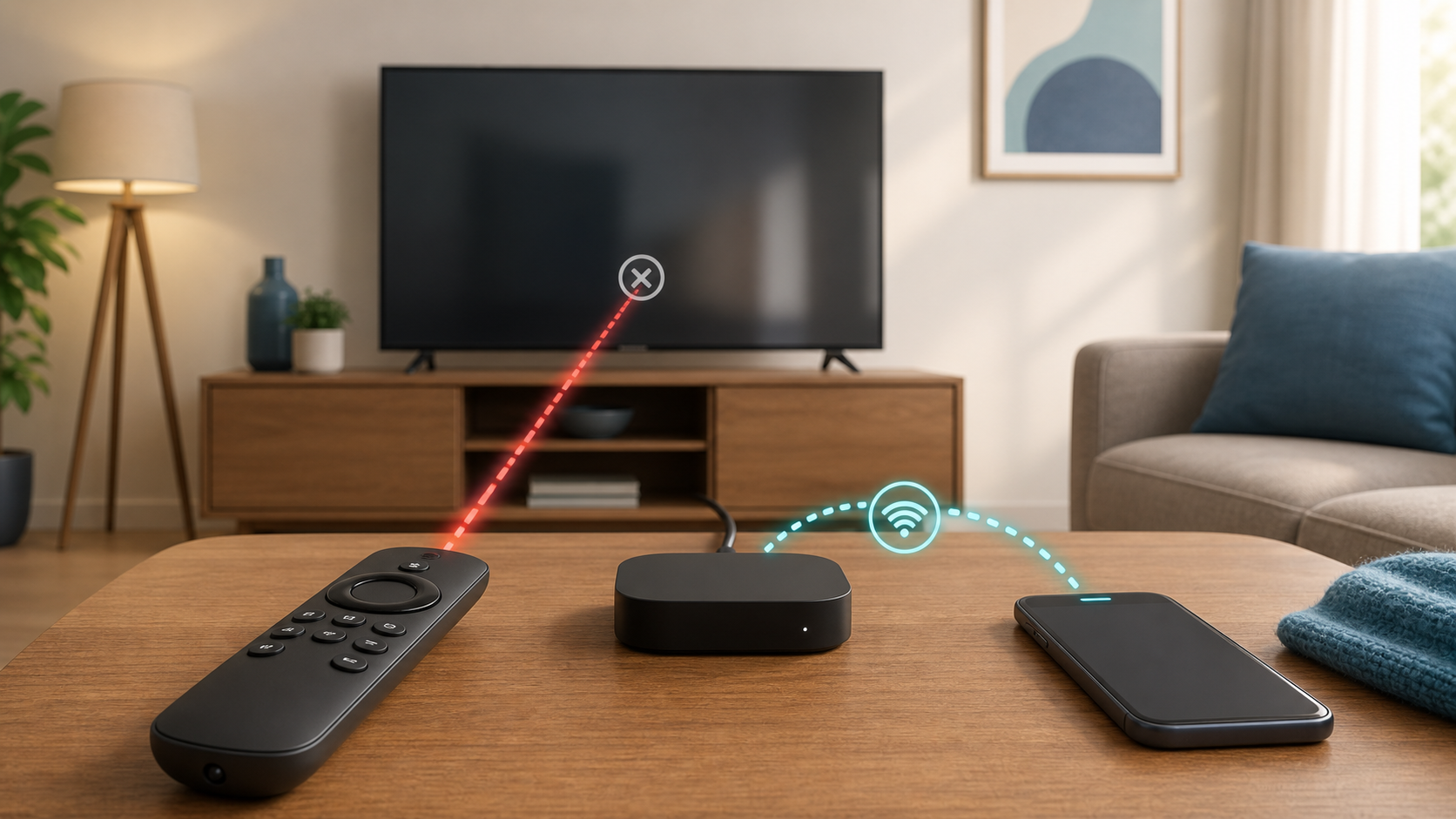 Illustration of a generic remote, streaming player and phone facing a television, with red and blue dotted connection paths.