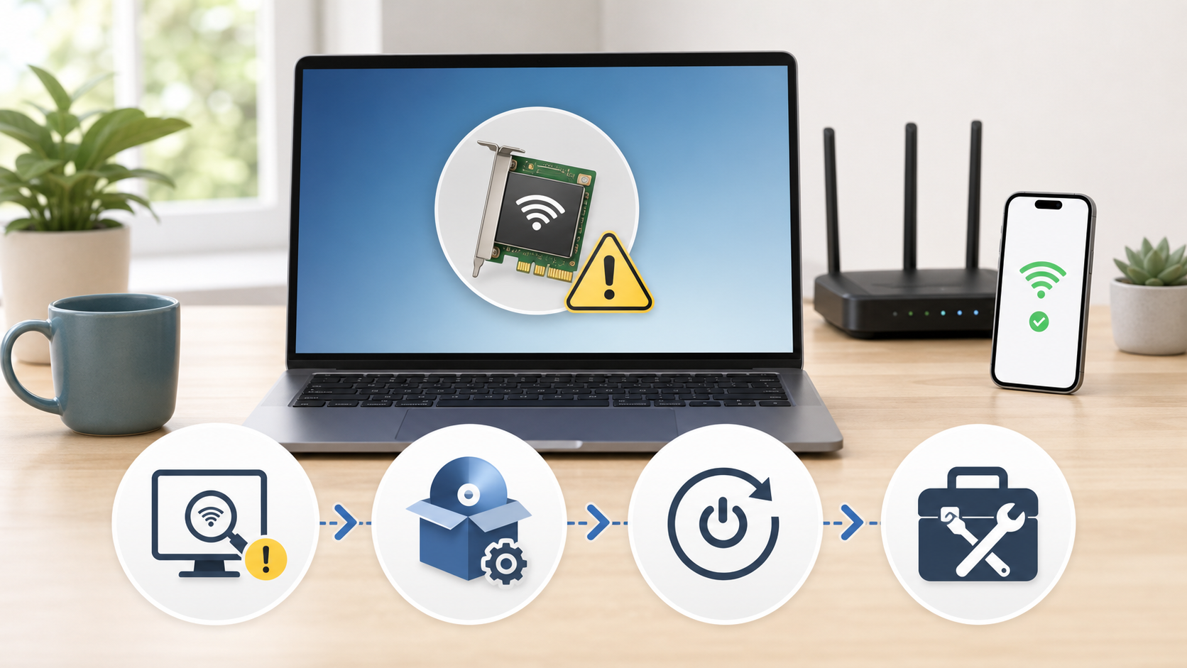 Illustration of a laptop with a WiFi-adapter warning, a working phone and driver-repair symbols.