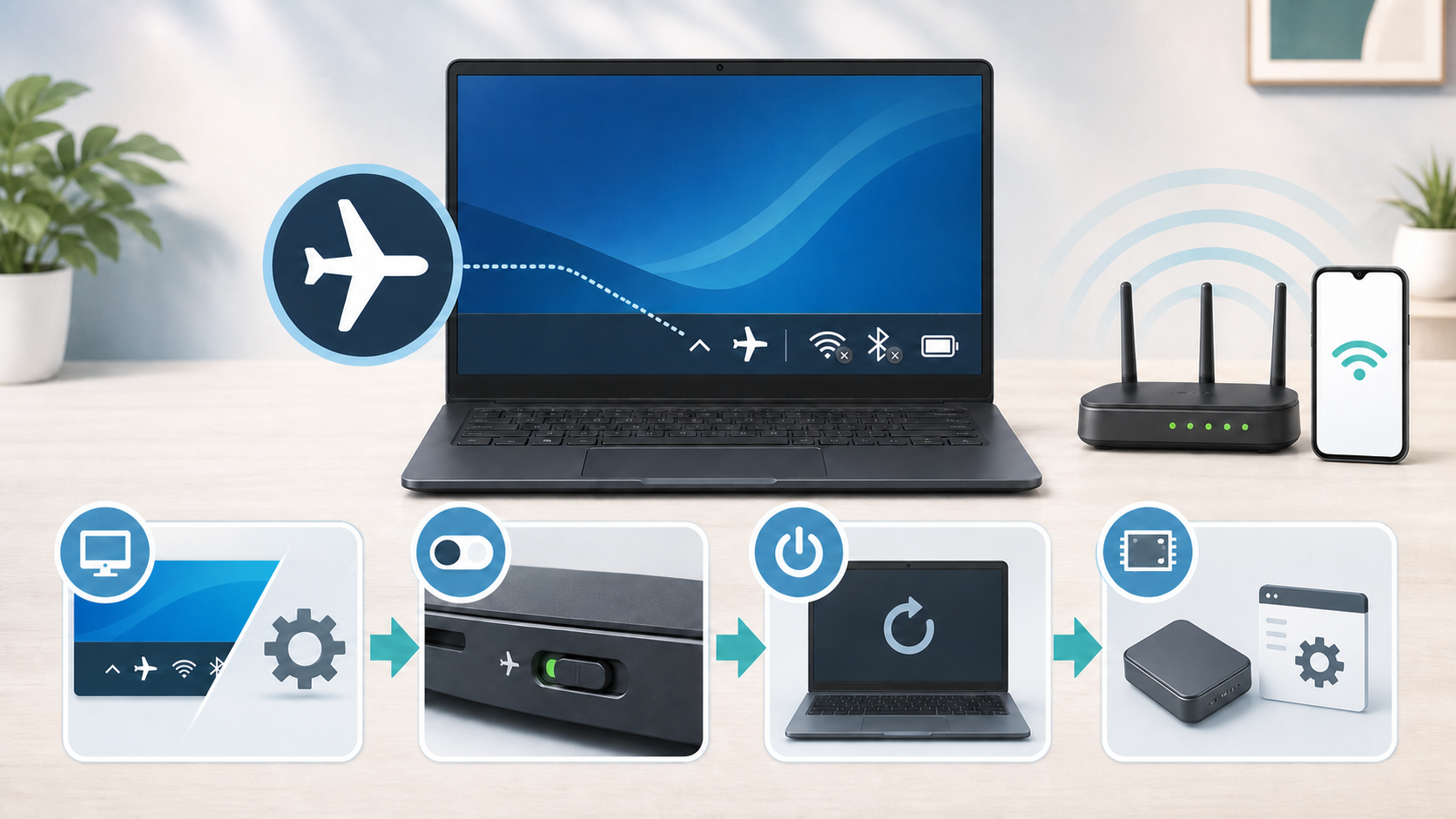 Illustration of a laptop in airplane mode, with separate wireless controls, a restart and adapter checks.