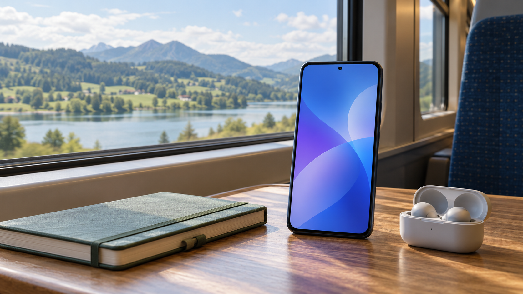 Generic smartphone, travel notebook and wireless earbuds on a table beside a train window