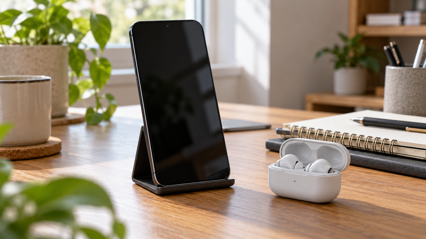 Unbranded smartphone on a stand beside wireless earbuds for checking voice audio