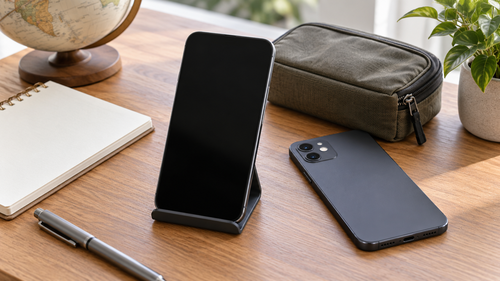 Unbranded phone on a stand beside another phone and a travel pouch for checking eSIM setup