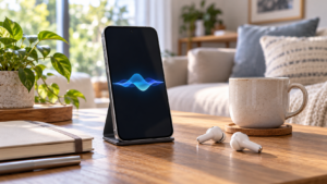 Generic smartphone with an abstract blue voice waveform beside earbuds and a notebook