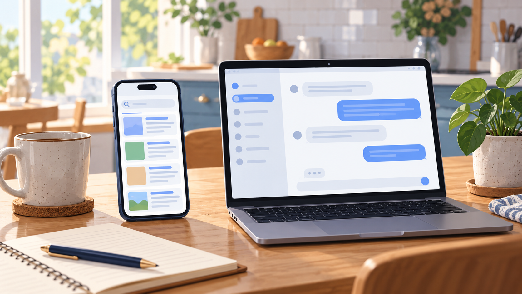 Smartphone with abstract search cards beside a laptop with a chat illustration on a kitchen table