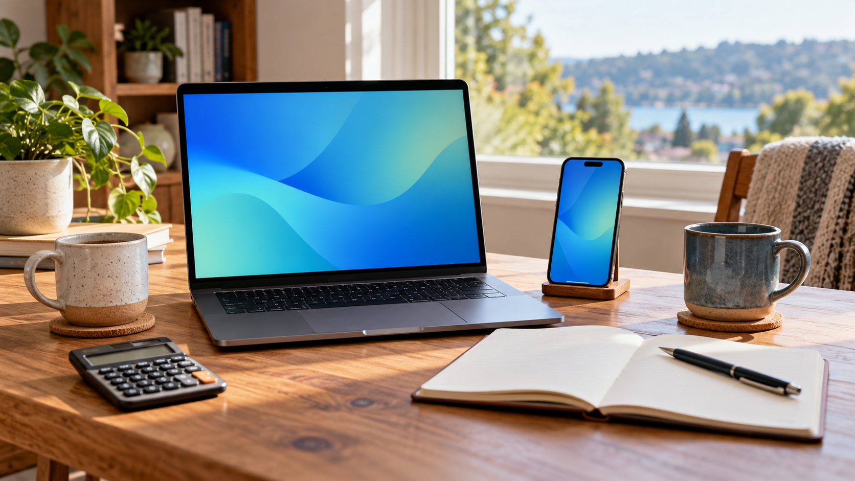 Laptop and smartphone beside a calculator and open notebook on a shared home desk