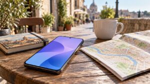 Unbranded smartphone beside a travel notebook, paper map and cup on an outdoor cafe table