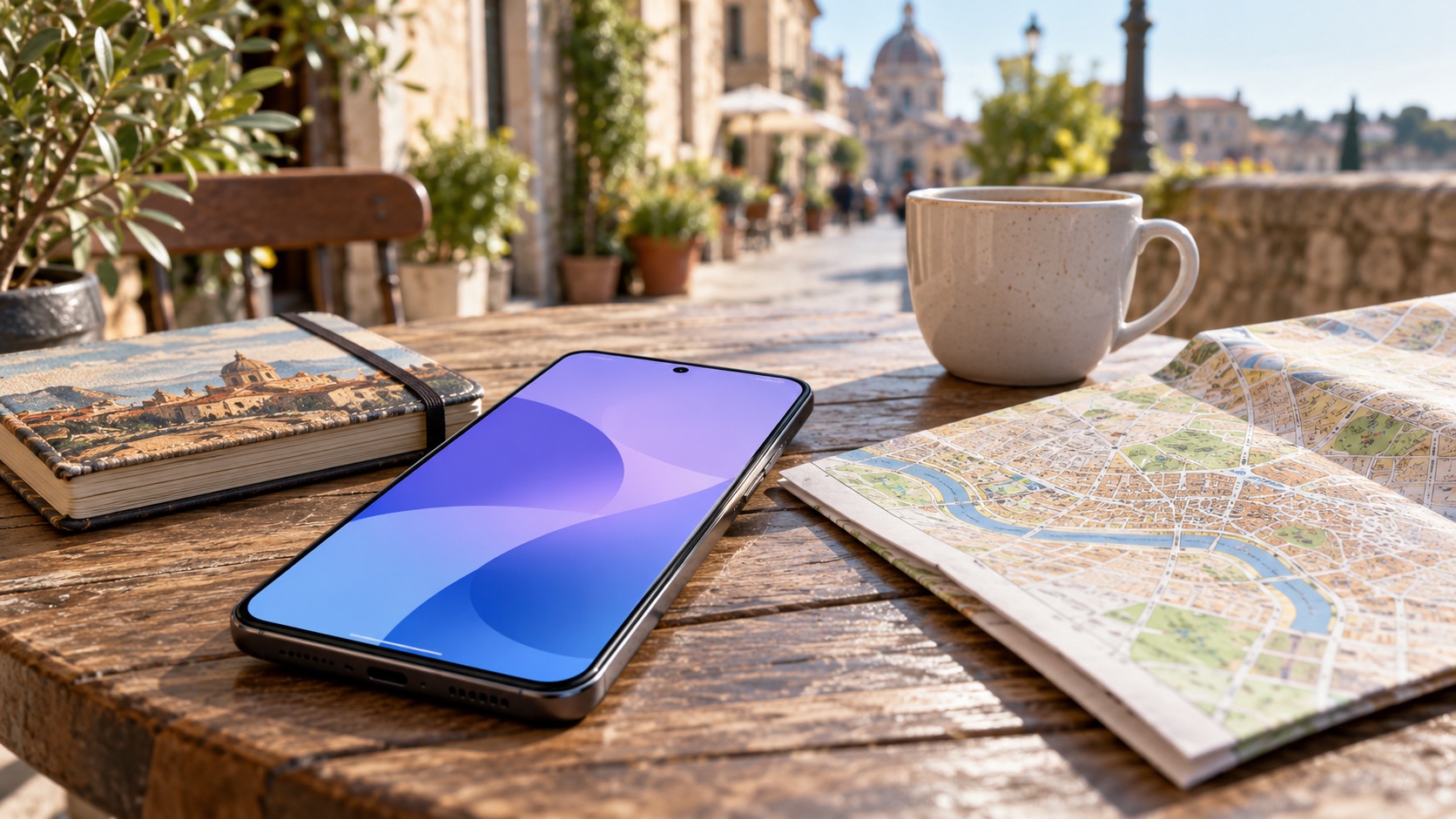 Unbranded smartphone beside a travel notebook, paper map and cup on an outdoor cafe table