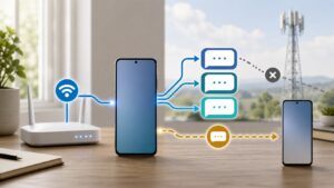 Generic phones with message bubbles, a WiFi router and a cellular tower illustrating different message connections