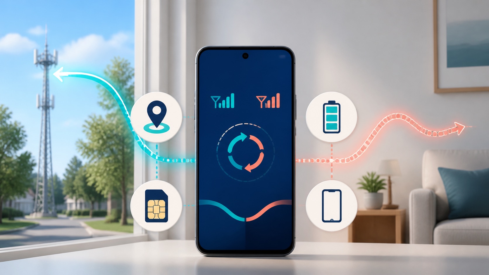 Generic smartphone with network signal, battery and SIM symbols beside a window and cell tower