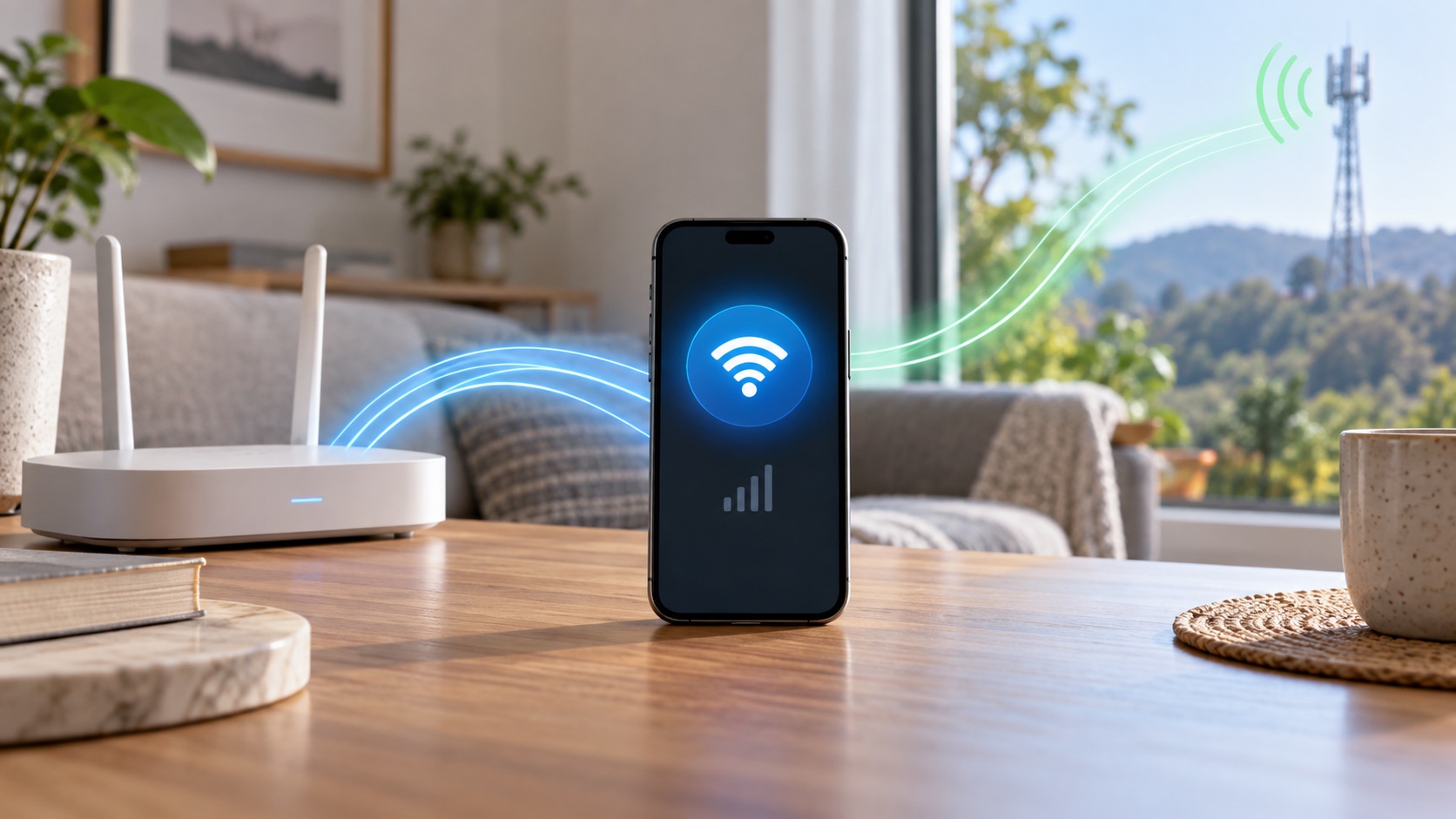 Unbranded phone between a home WiFi router and a cellular tower, with both signal paths illustrated